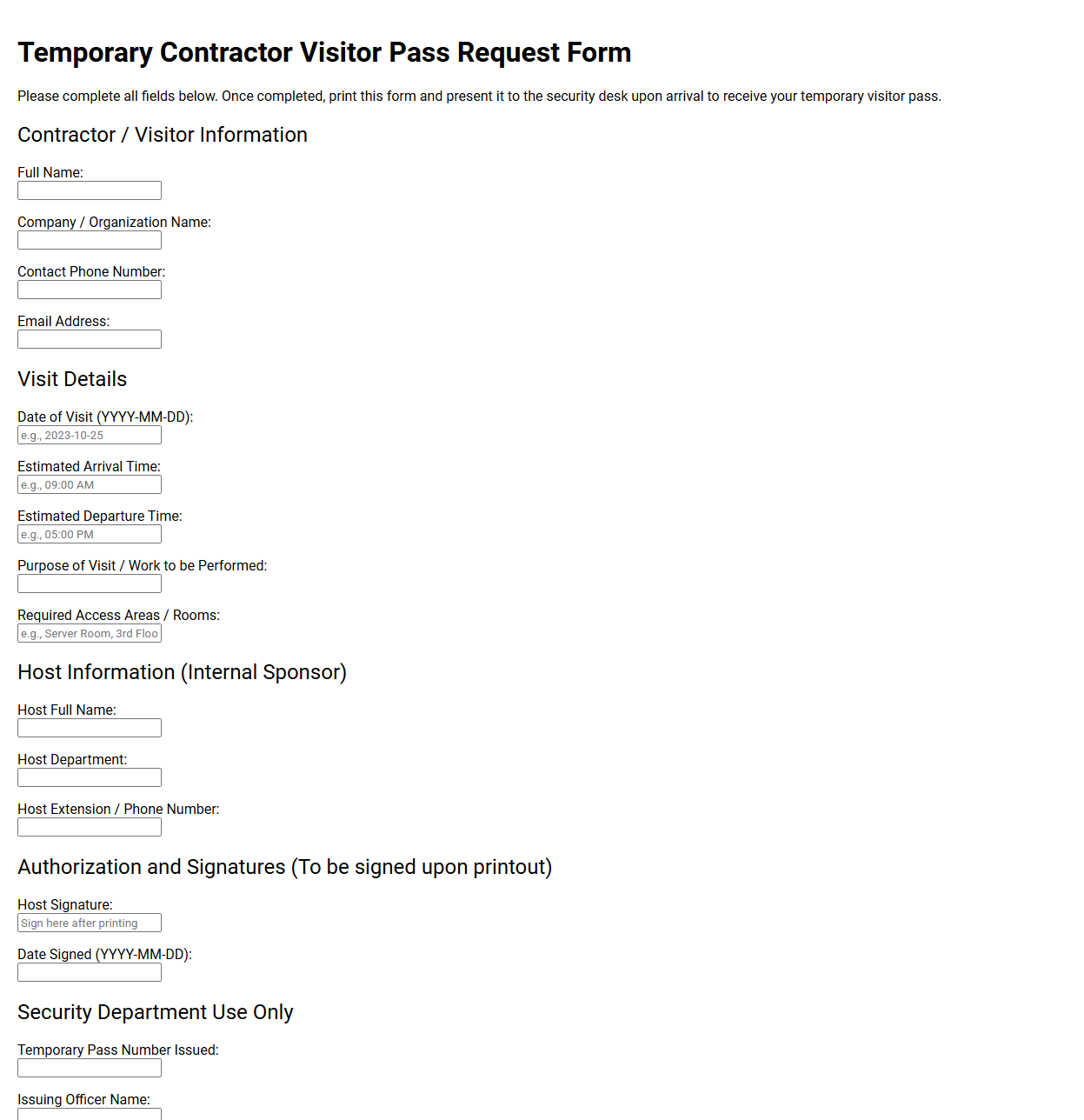 Temporary Contractor Visitor Pass Request Form