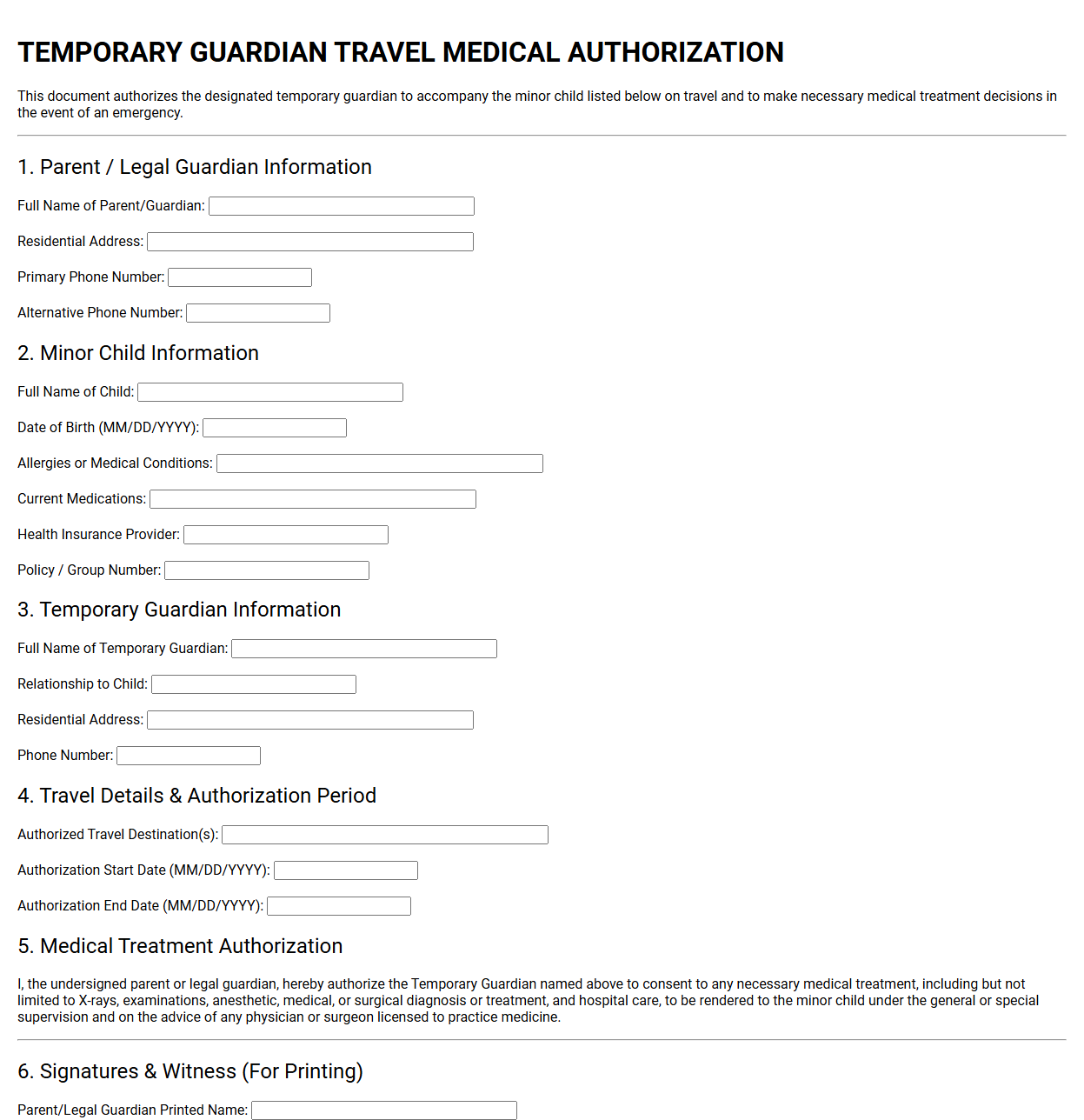Temporary Guardian Travel Medical Authorization