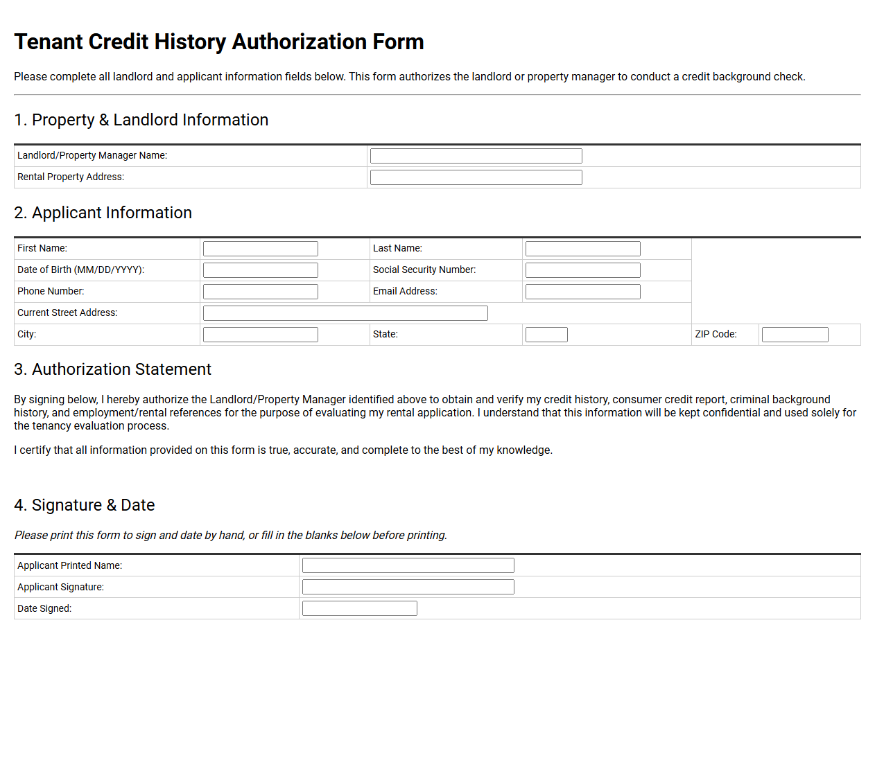 Tenant Credit History Authorization Form