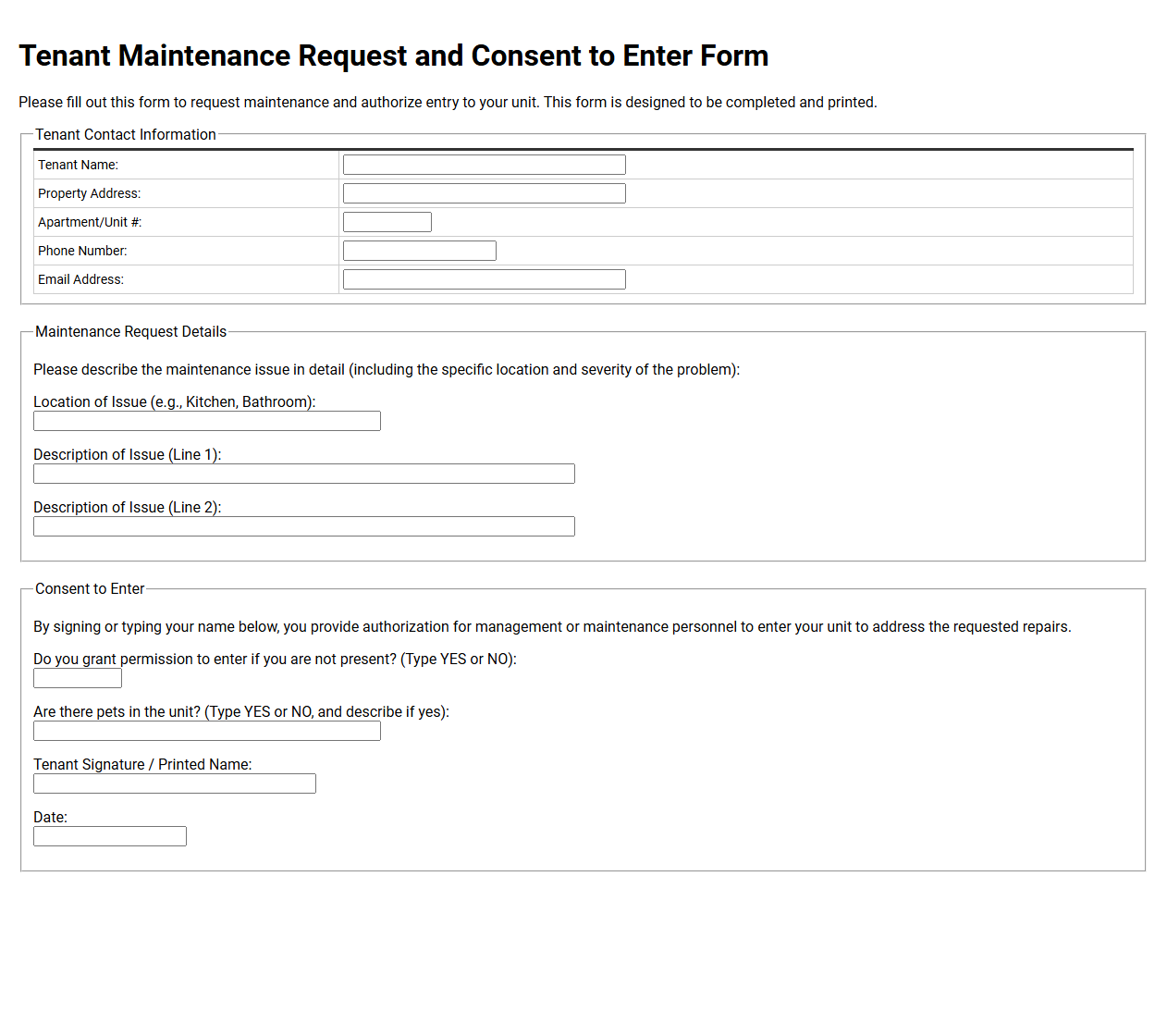 Tenant Maintenance Request and Consent to Enter Form