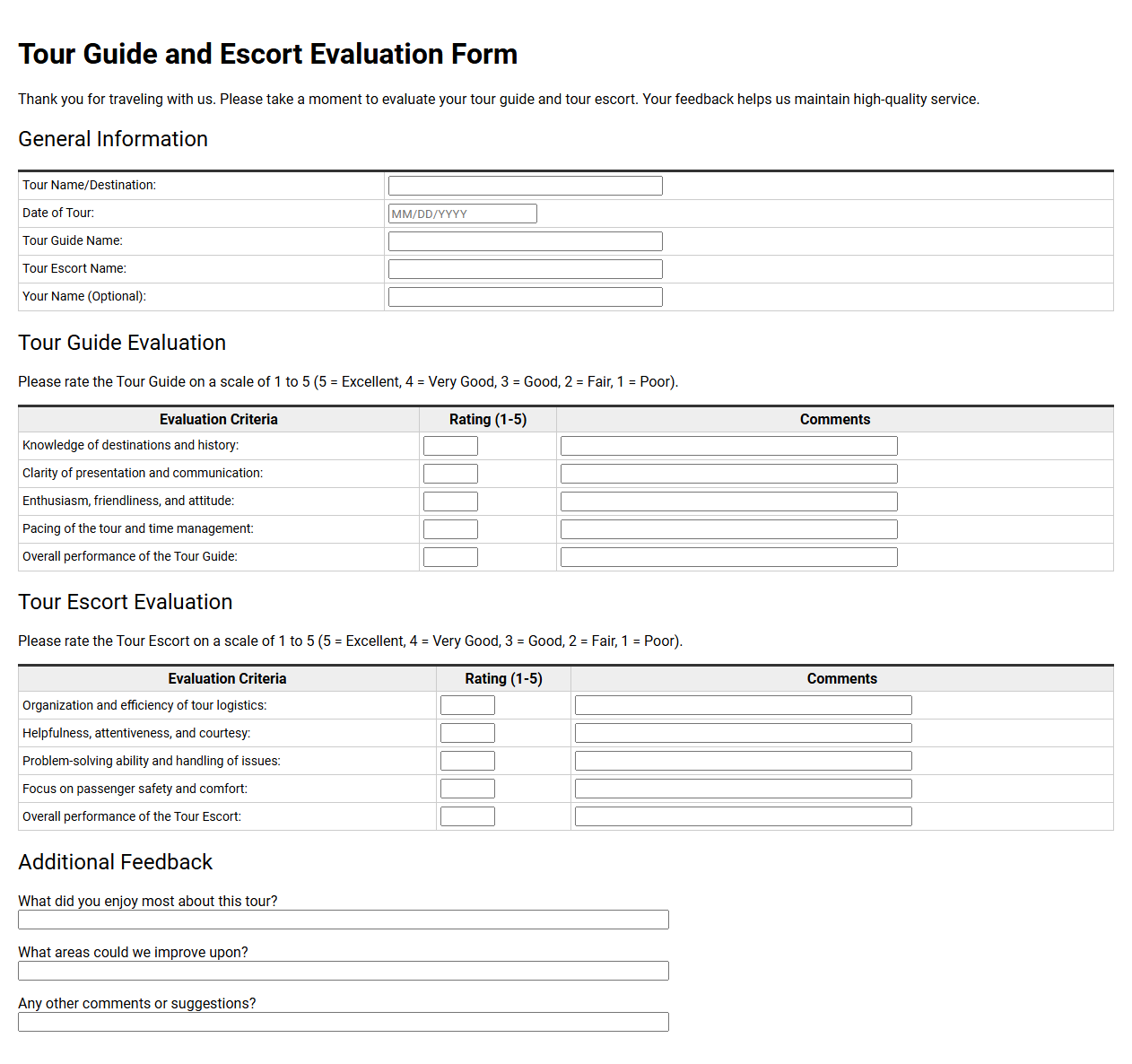 Tour Guide and Escort Evaluation Form