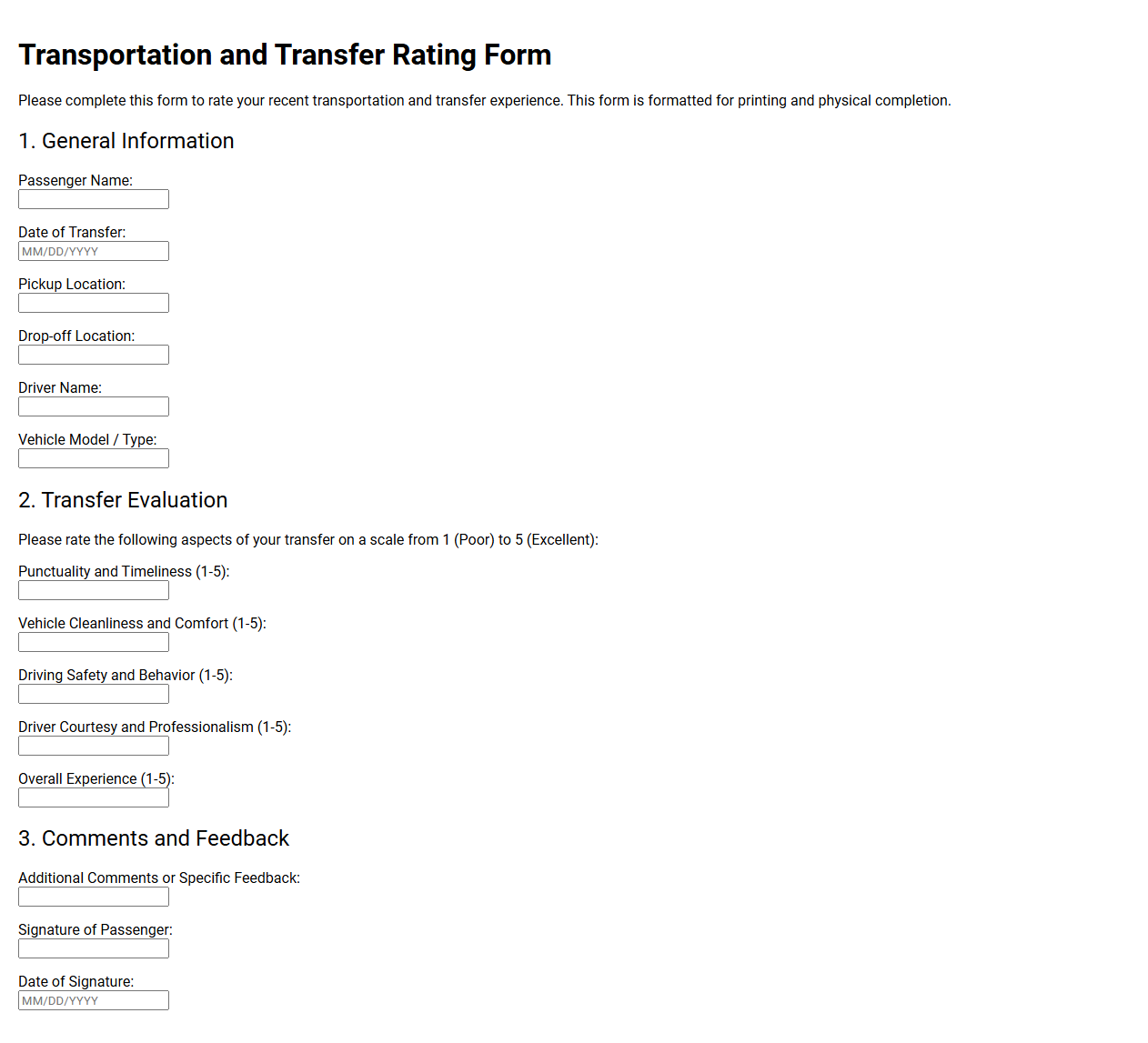 Transportation and Transfer Rating Form