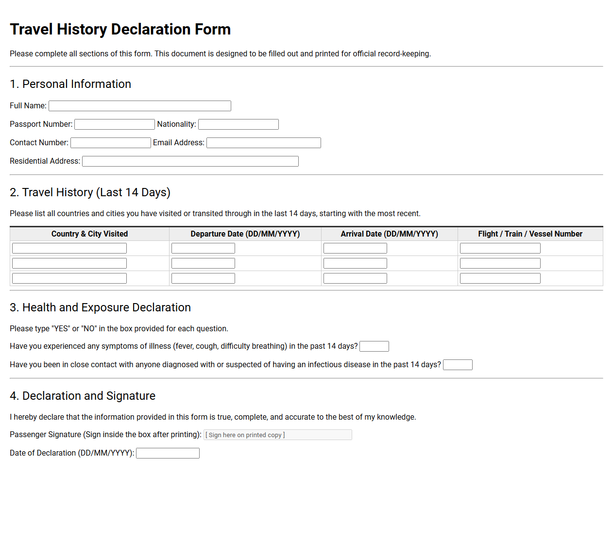 Travel History Declaration Form