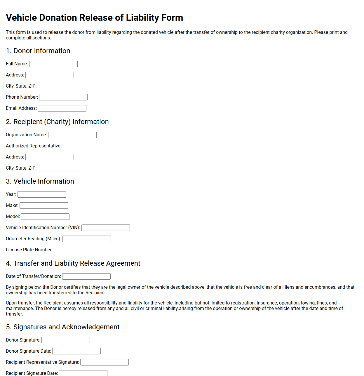 Vehicle Donation Release of Liability Form