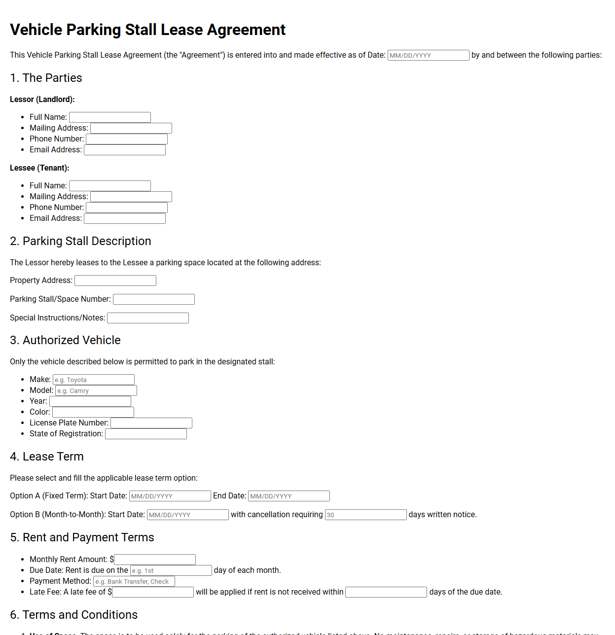 Vehicle Parking Stall Lease Agreement