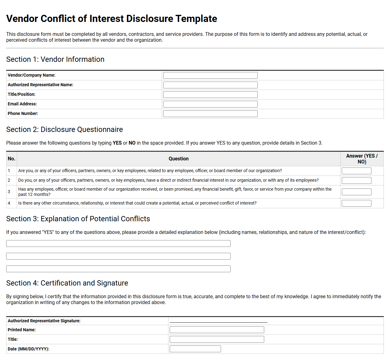 Vendor Conflict of Interest Disclosure Template