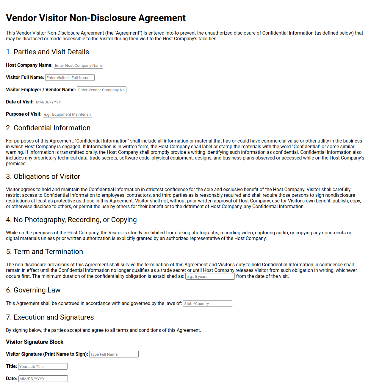 Vendor Visitor Non Disclosure Agreement