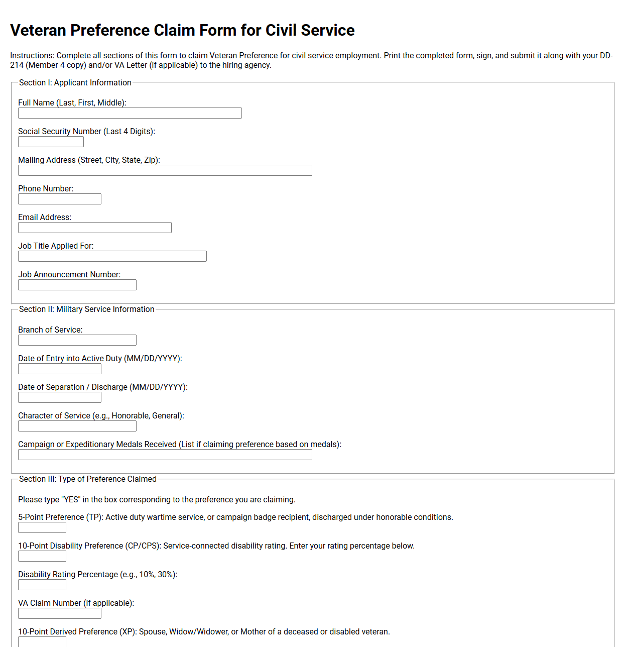 Veteran Preference Claim Form for Civil Service