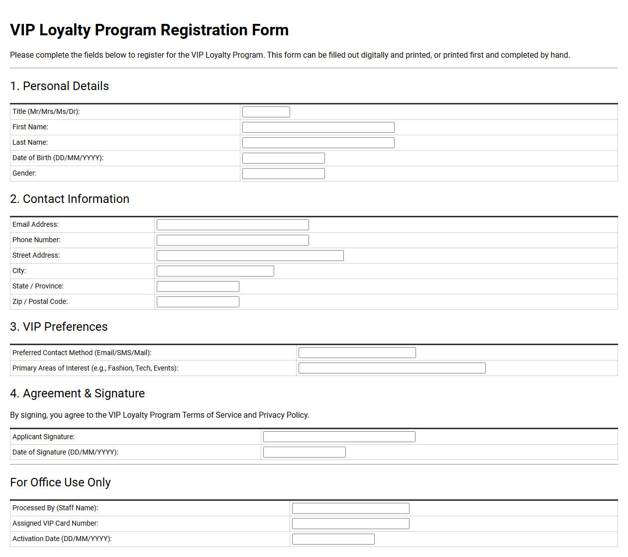 VIP Loyalty Program Registration Form