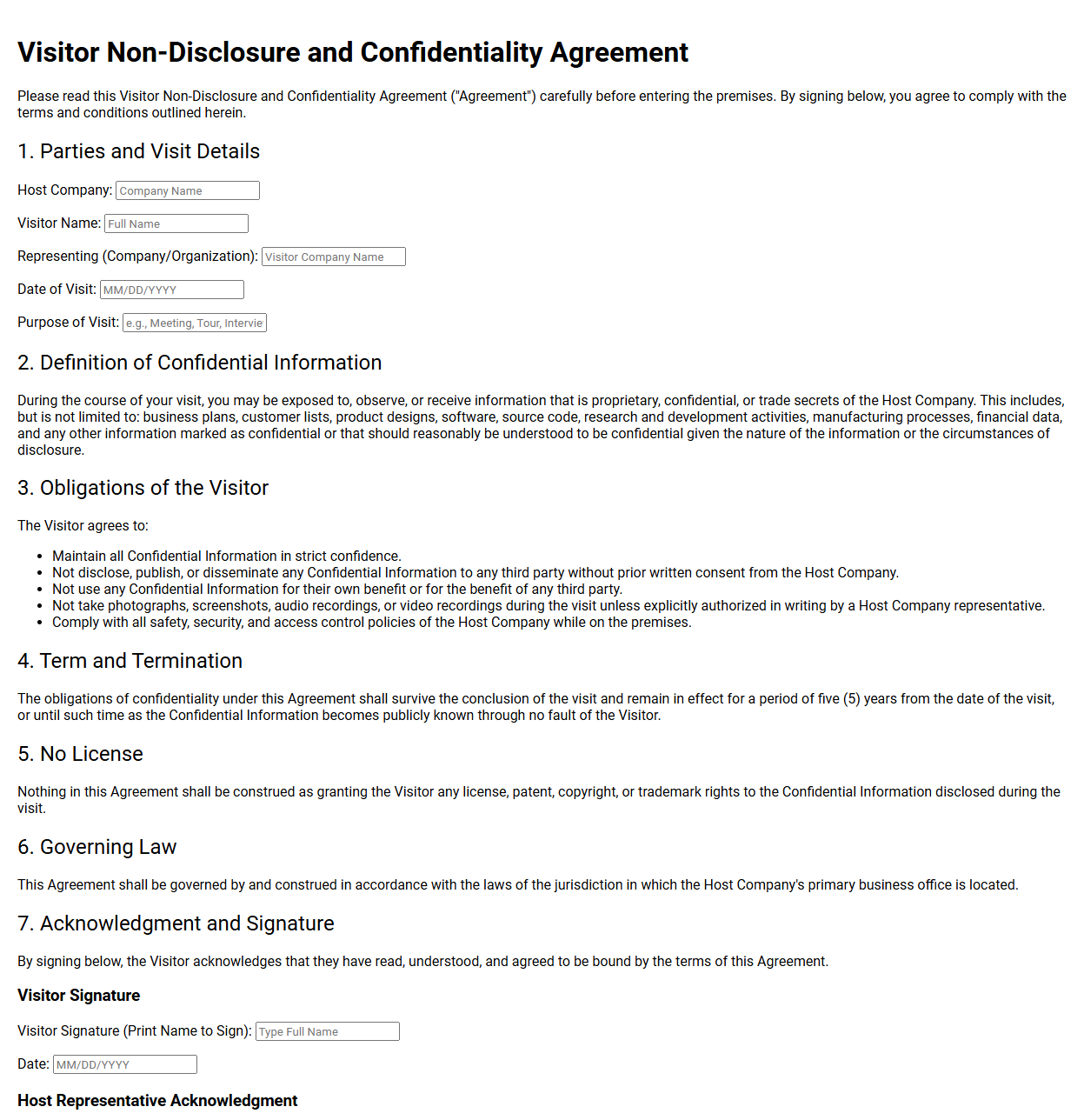 Visitor Non Disclosure and Confidentiality Agreement