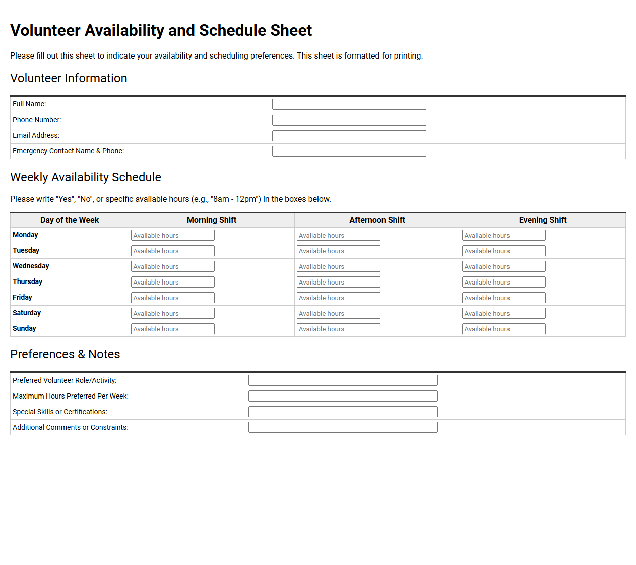 Volunteer Availability and Schedule Sheet