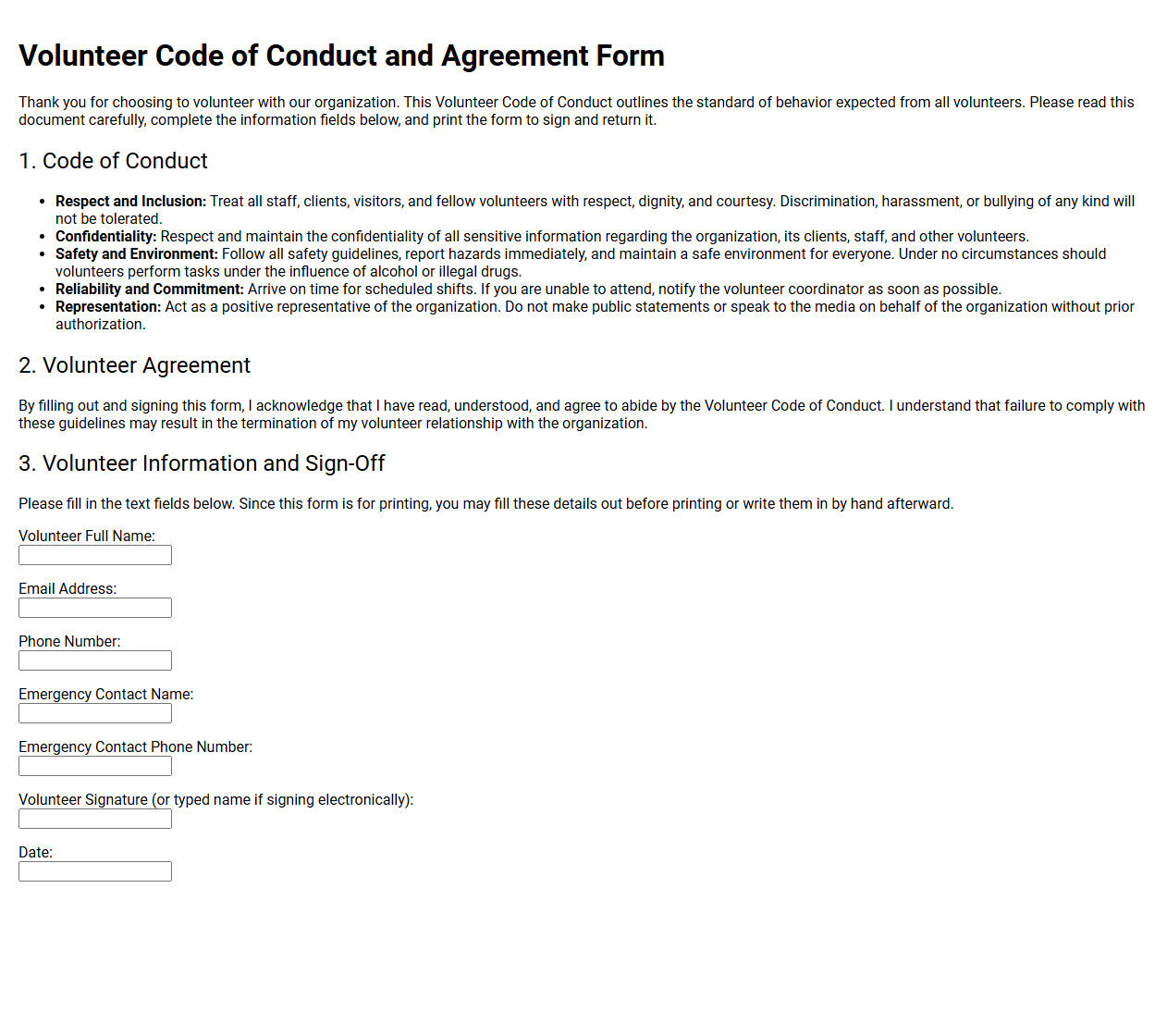 Volunteer Code of Conduct and Agreement Form