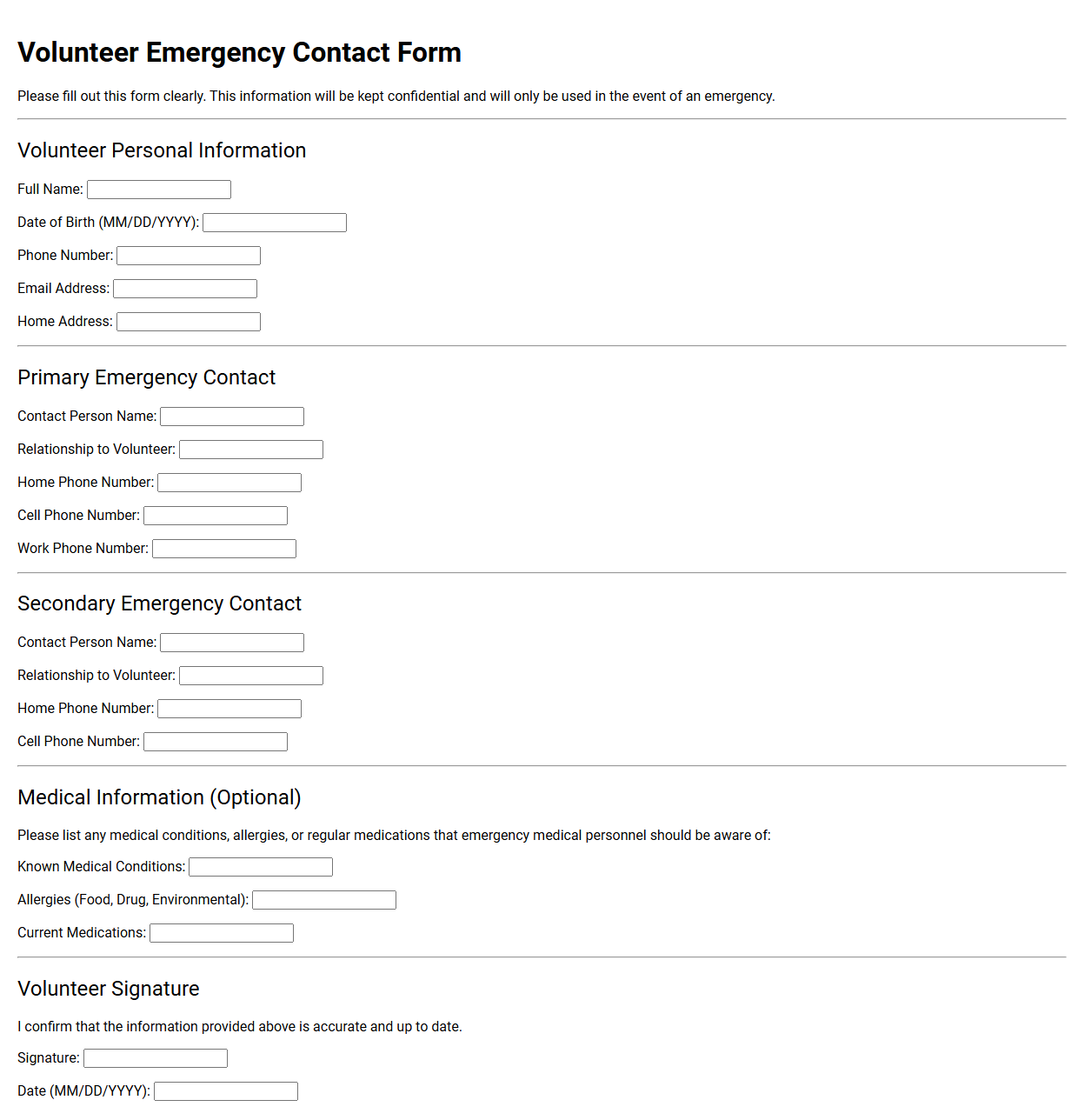 Volunteer Emergency Contact Form