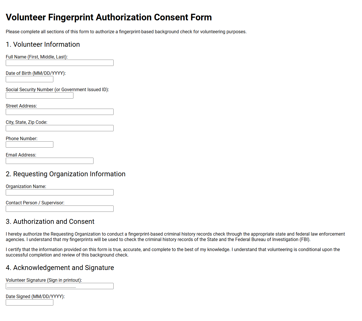 Volunteer Fingerprint Authorization Consent Form
