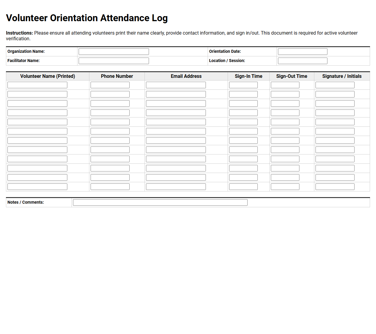 Volunteer Orientation Attendance Log Template