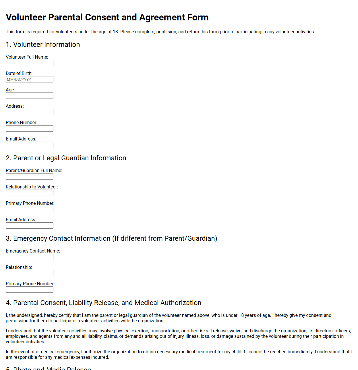 Volunteer Parental Consent and Agreement Form