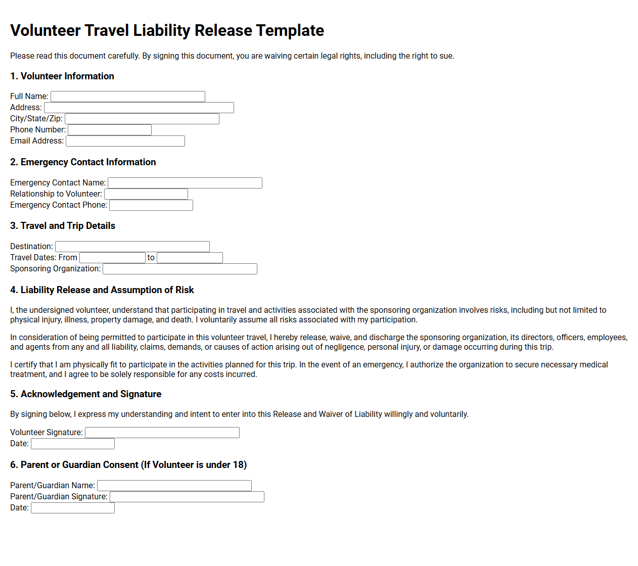 Volunteer Travel Liability Release Template