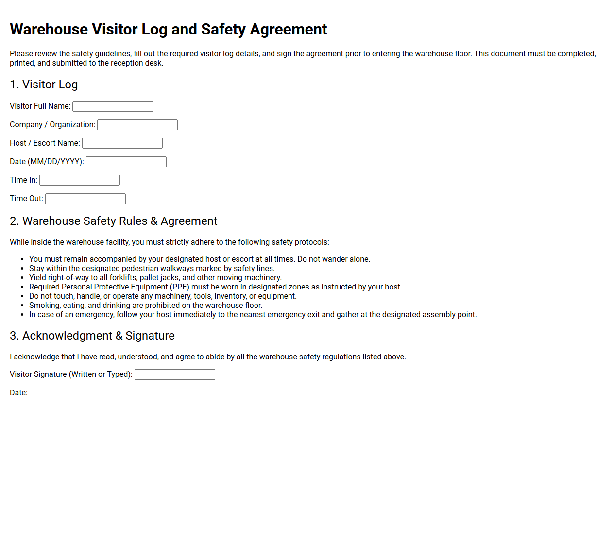 Warehouse Visitor Log and Safety Agreement
