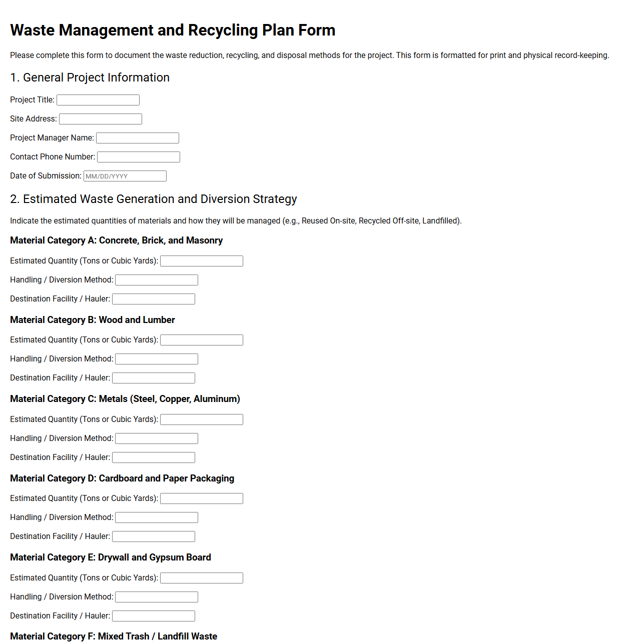 Waste Management and Recycling Plan Form