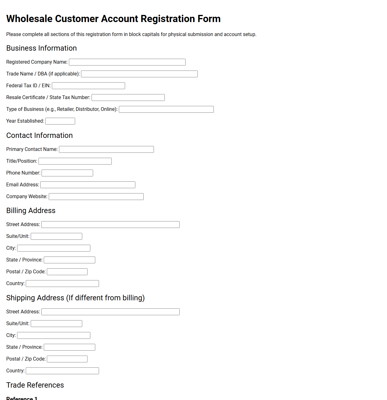 Wholesale Customer Account Registration Form