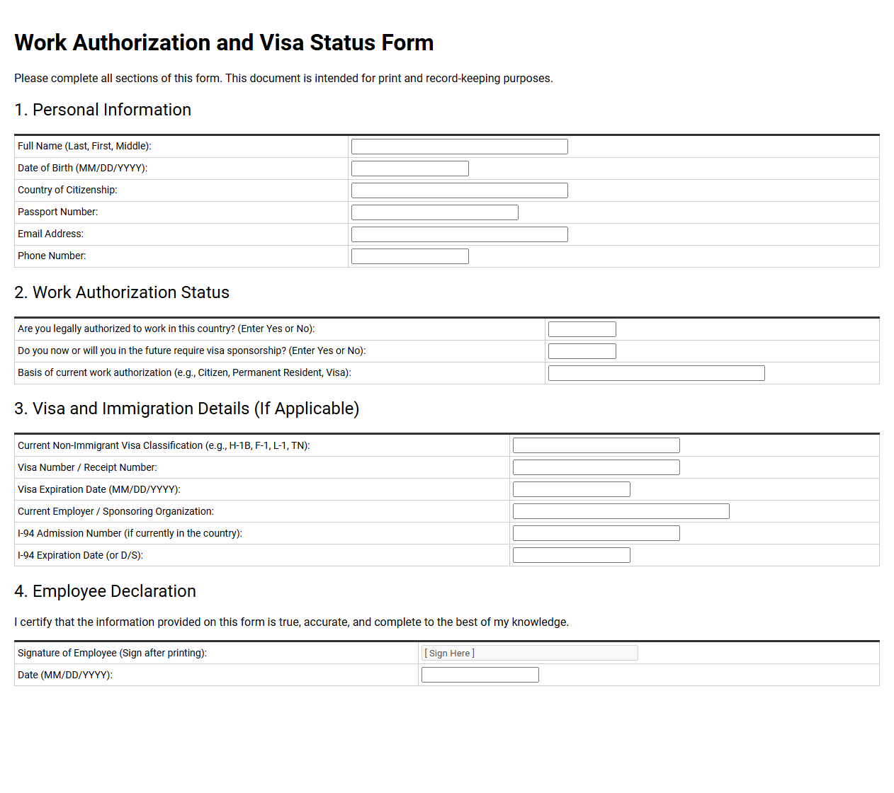 Work Authorization and Visa Status Form