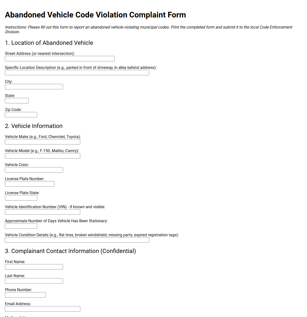 Abandoned Vehicle Code Violation Complaint Form