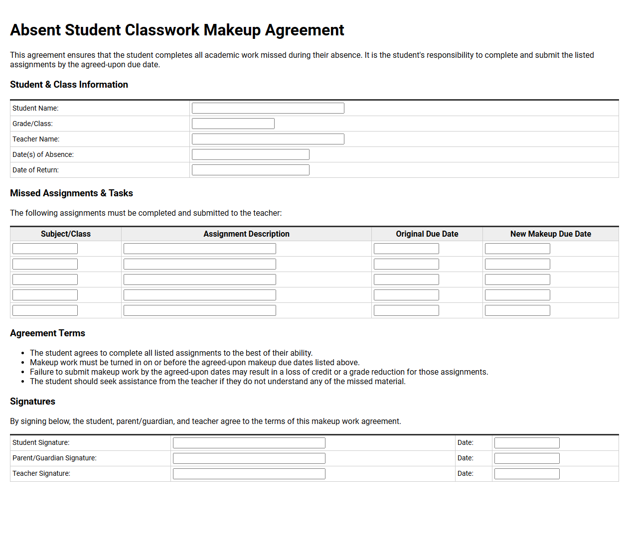 Absent Student Classwork Makeup Agreement