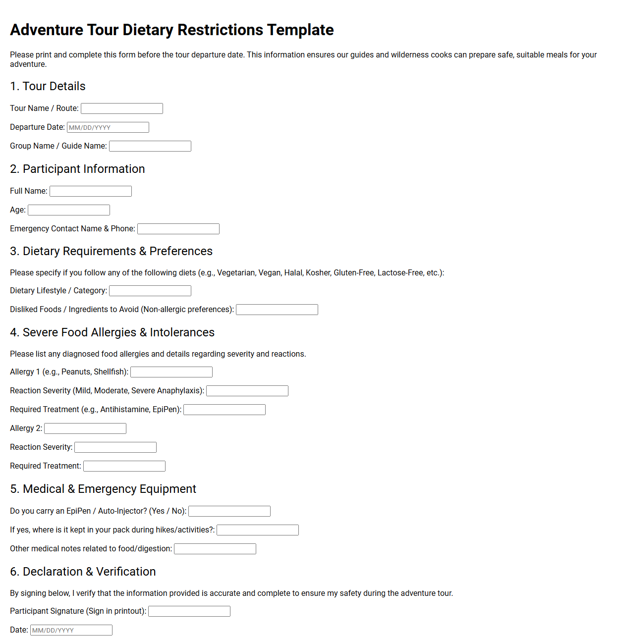 Adventure Tour Dietary Restrictions Template