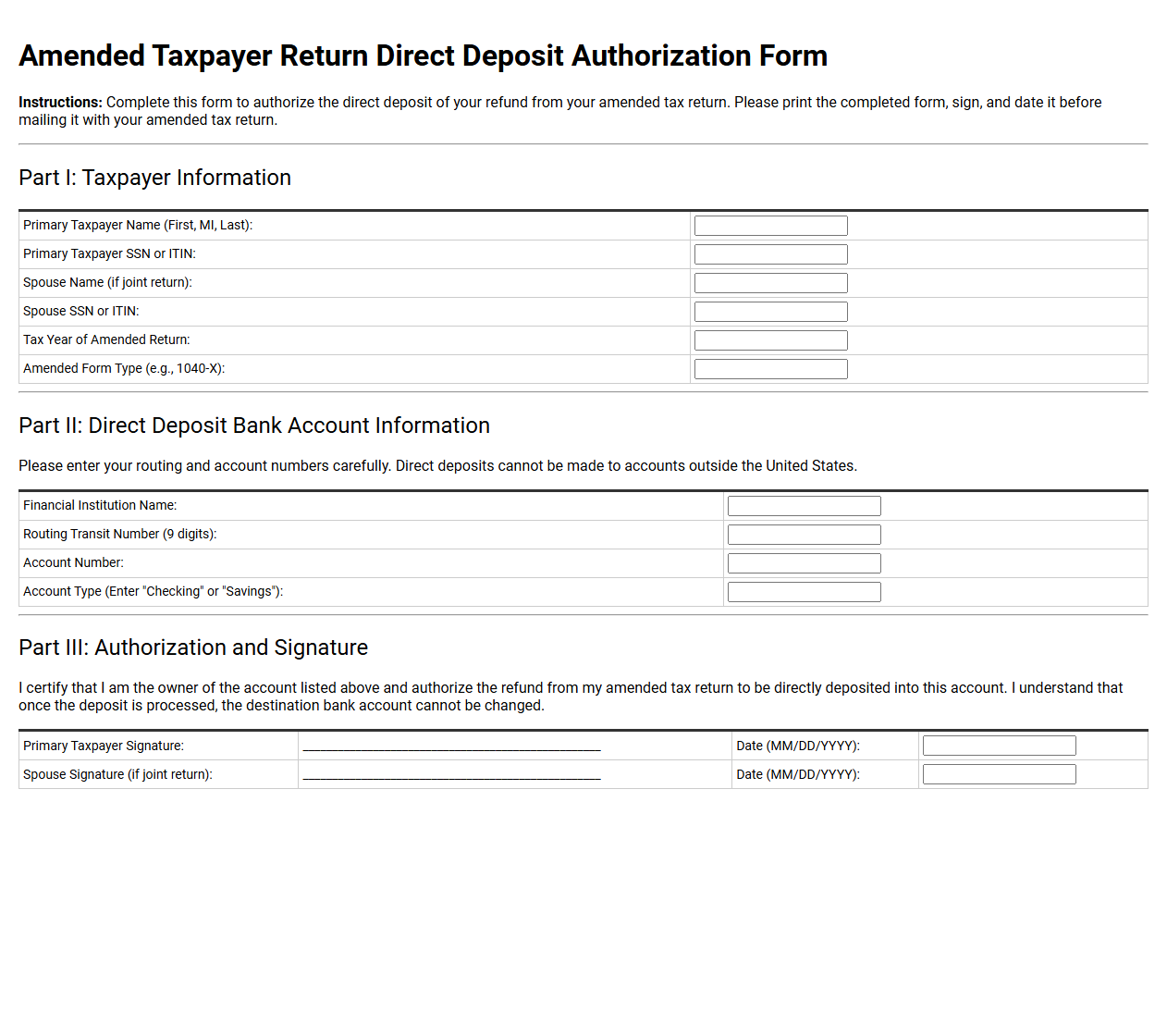 Amended Taxpayer Return Direct Deposit Authorization Form