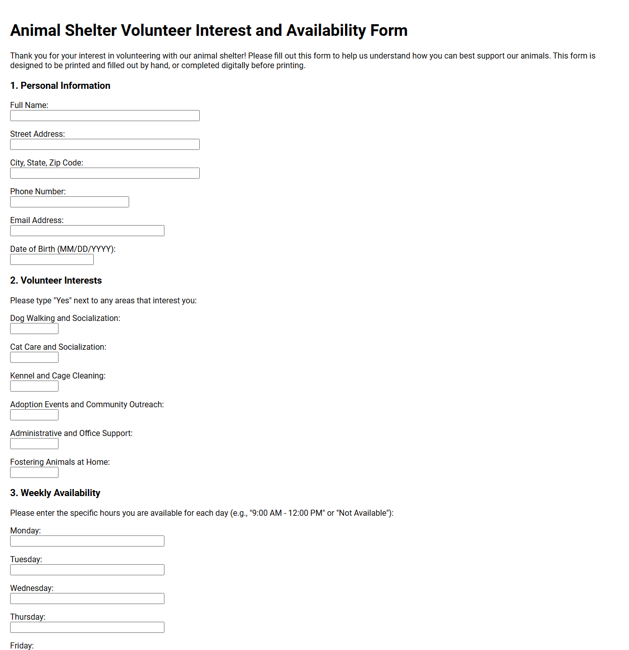 Animal Shelter Volunteer Interest and Availability Form