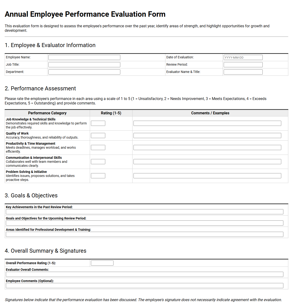 Annual Employee Performance Evaluation Form