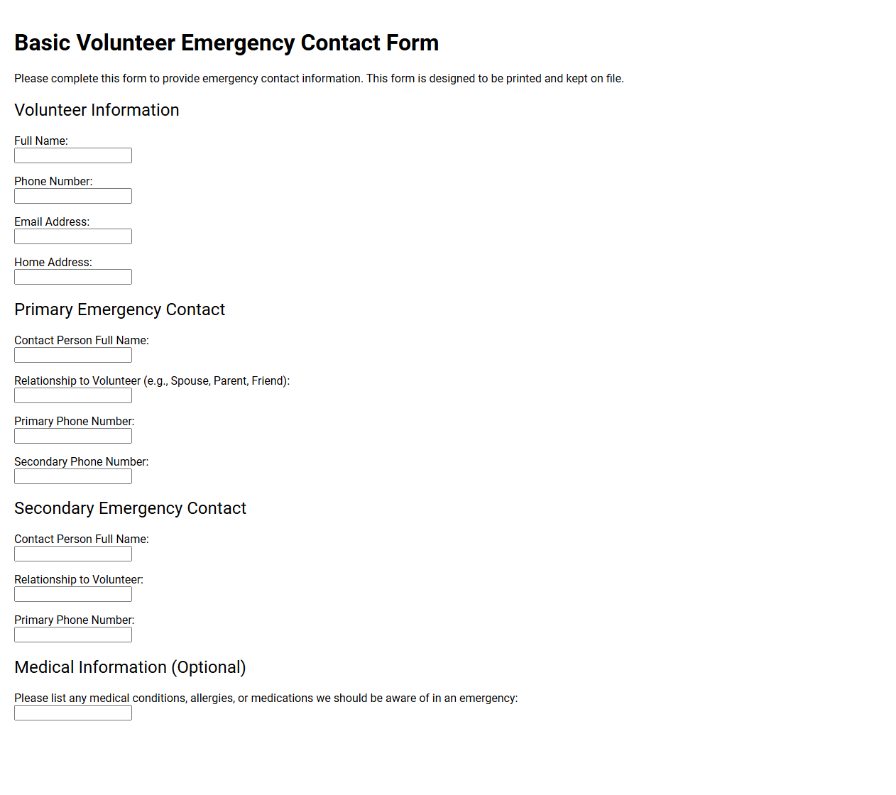 Basic Volunteer Emergency Contact Form