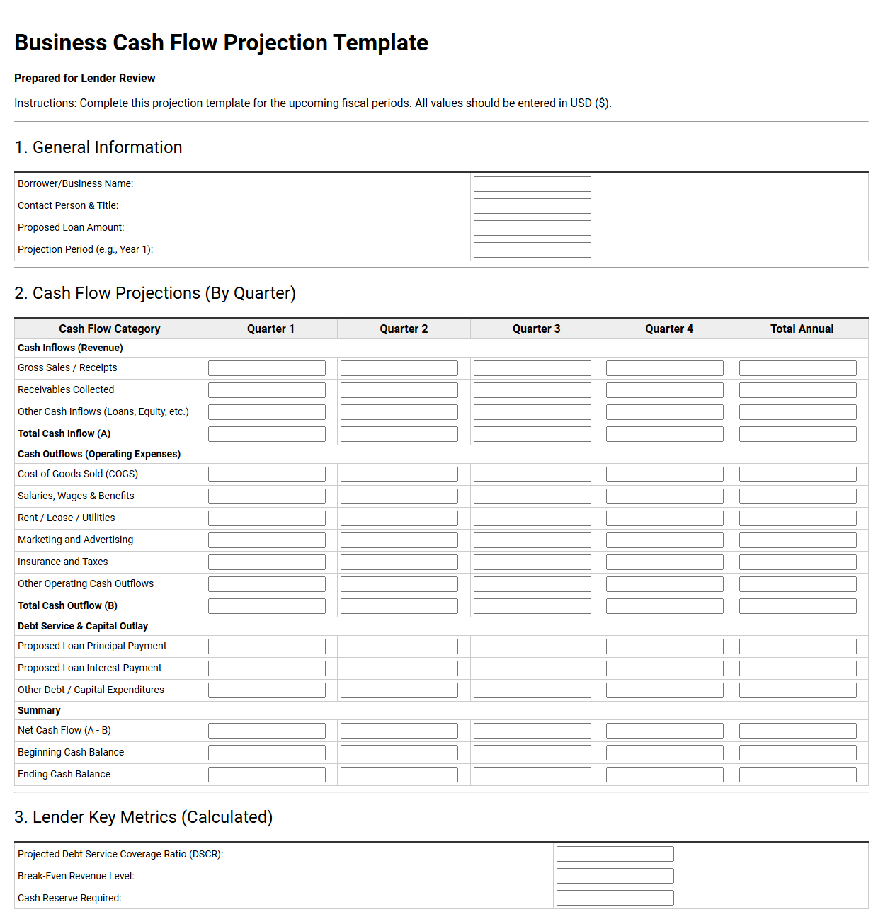 Business Cash Flow Projection Template for Lenders