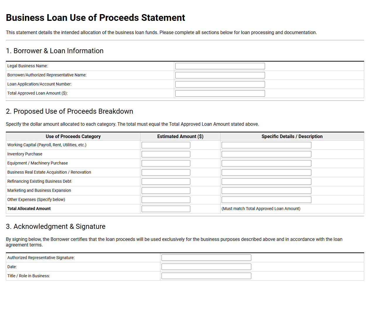 Business Loan Use of Proceeds Statement