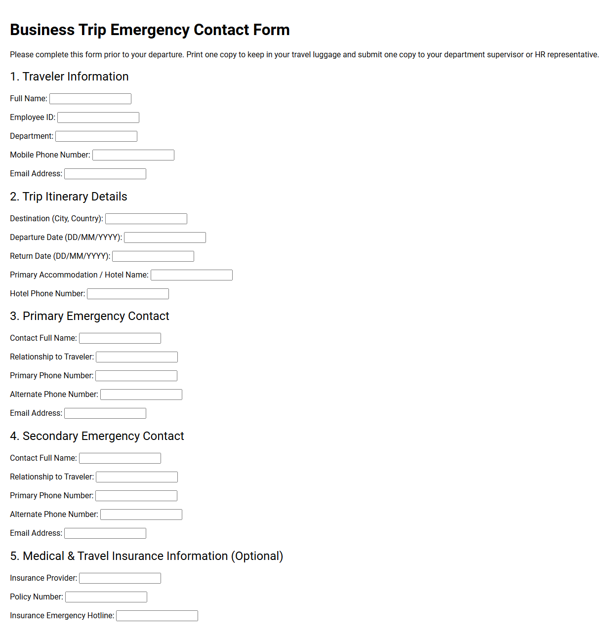 Business Trip Emergency Contact Form