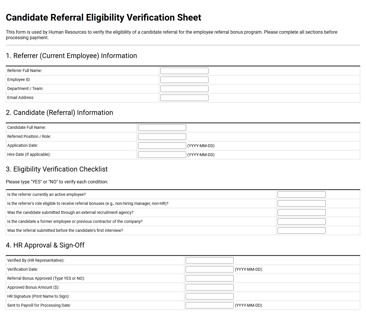 Candidate Referral Eligibility Verification Sheet