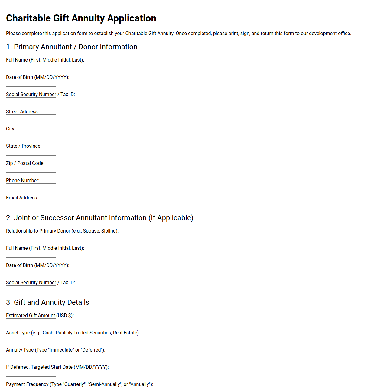 Charitable Gift Annuity Application Template