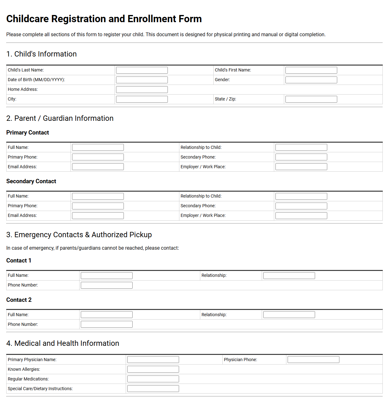Childcare Registration and Enrollment Template