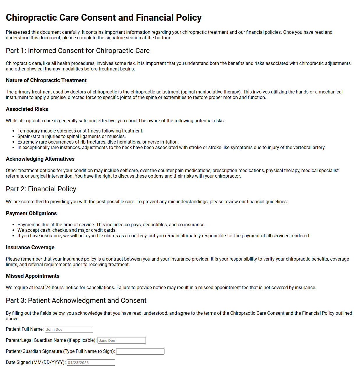 Chiropractic Care Consent and Financial Policy