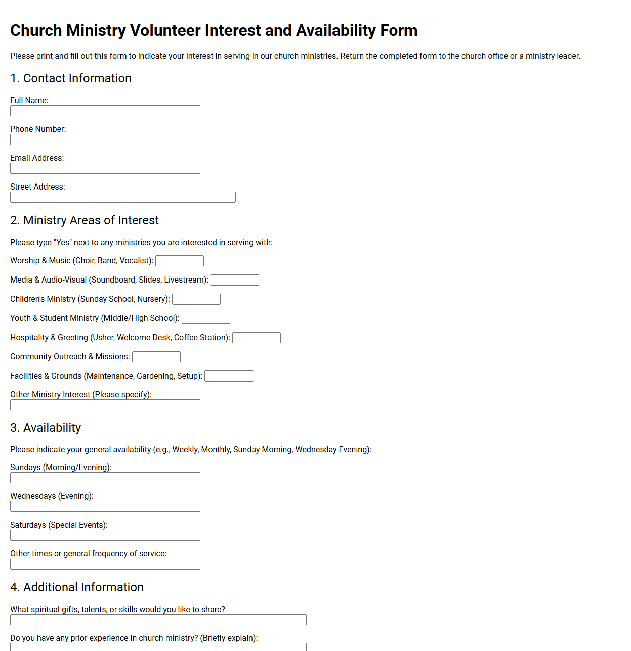 Church Ministry Volunteer Interest and Availability Form