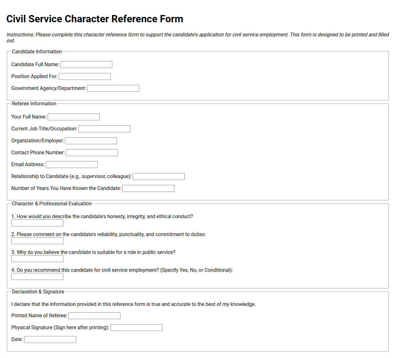 Civil Service Character Reference Form