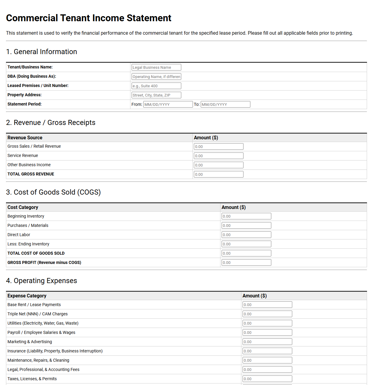 Commercial Tenant Income Statement Template