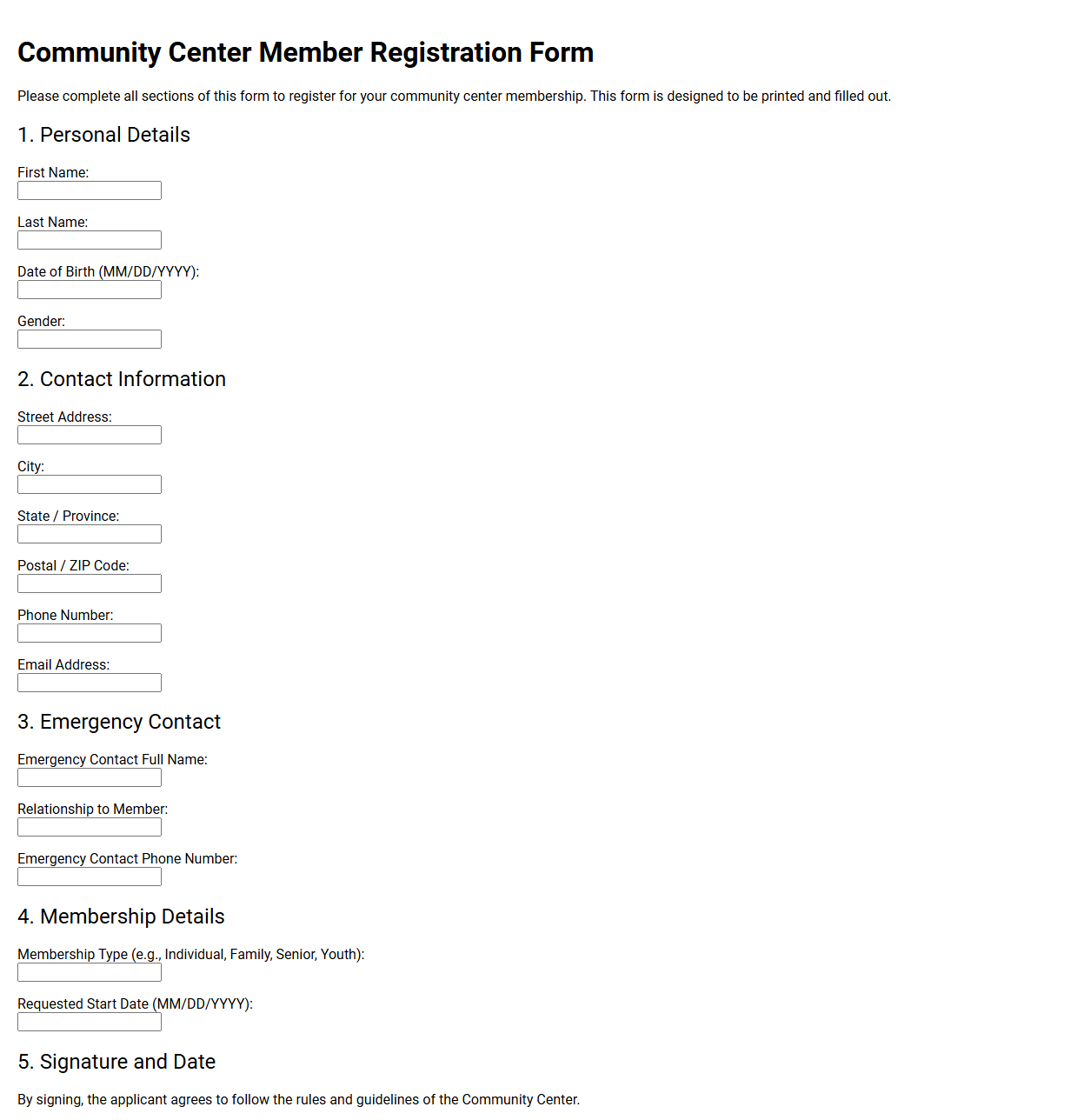 Community Center Member Registration Form