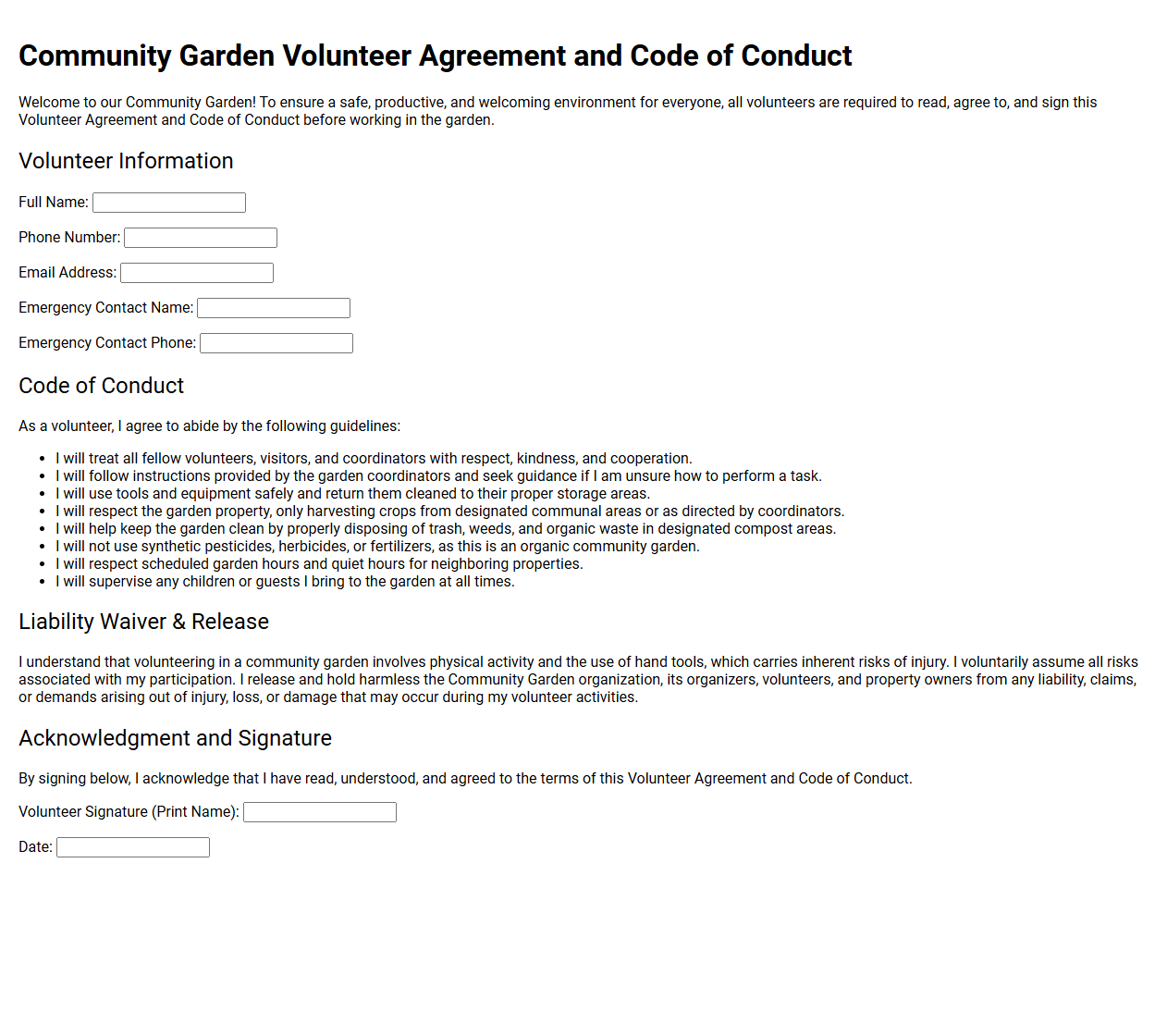 Community Garden Volunteer Agreement and Code of Conduct