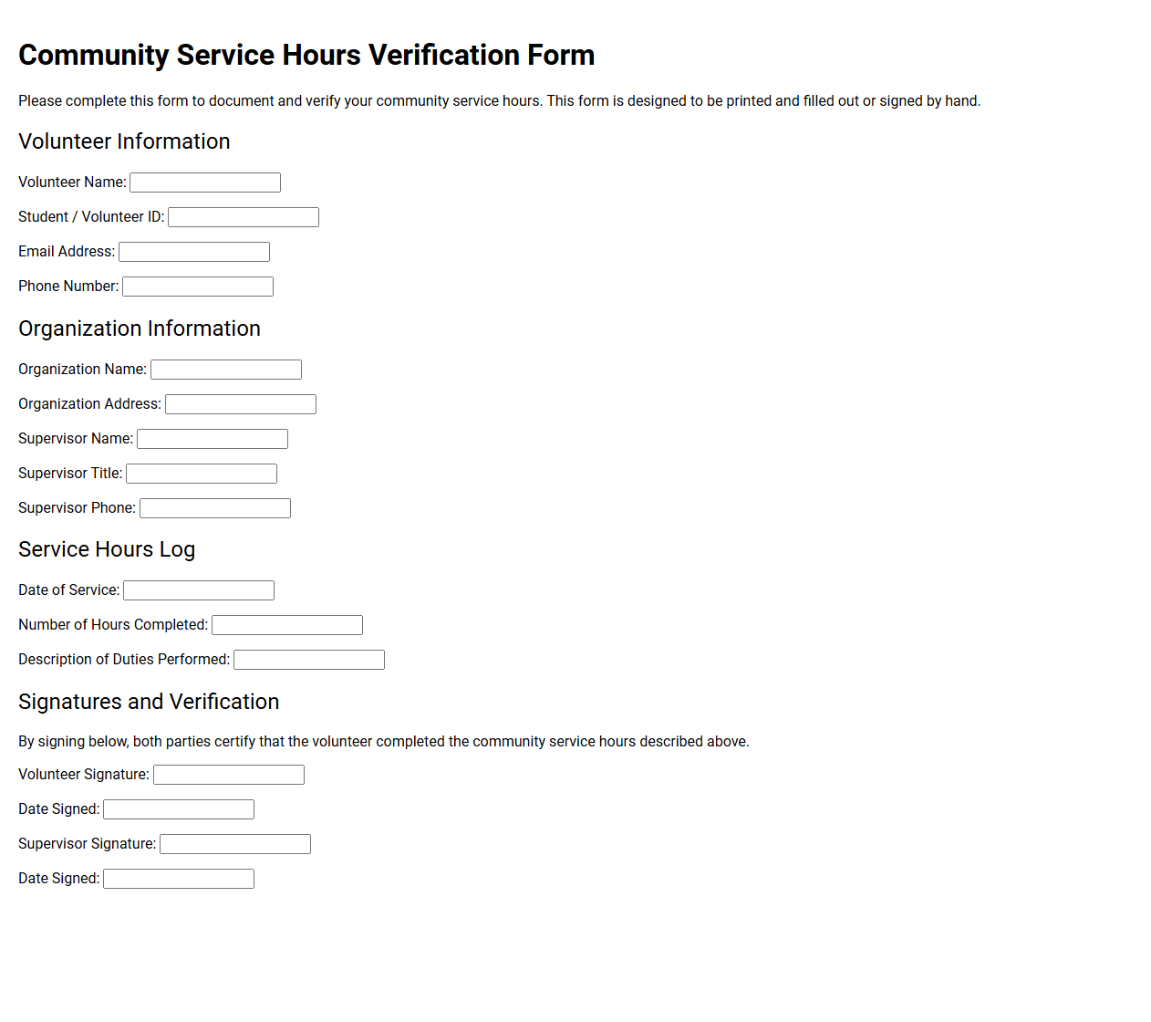 Community Service Hours Verification Form