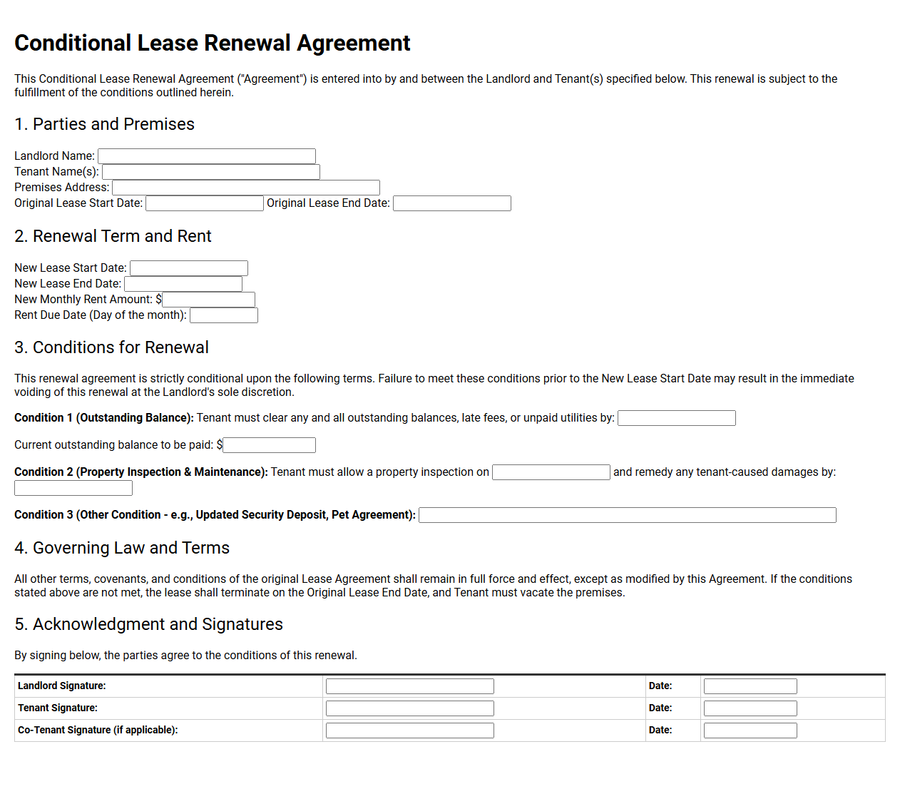 Conditional Lease Renewal Agreement Printable Form