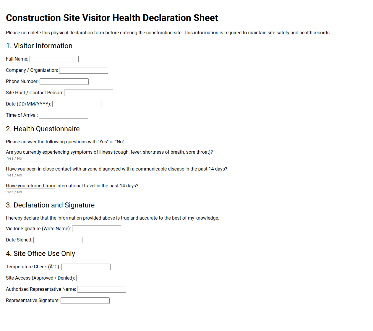 Construction Site Visitor Health Declaration Sheet