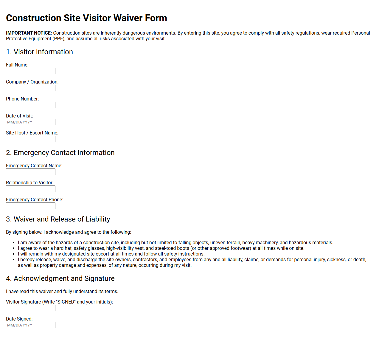 Construction Site Visitor Waiver Form