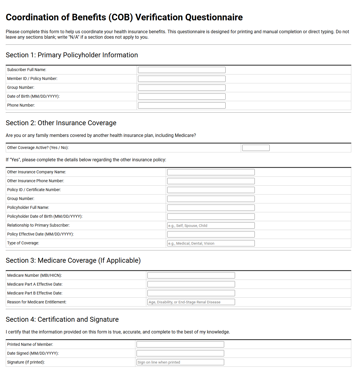 Coordination of Benefits Verification Questionnaire