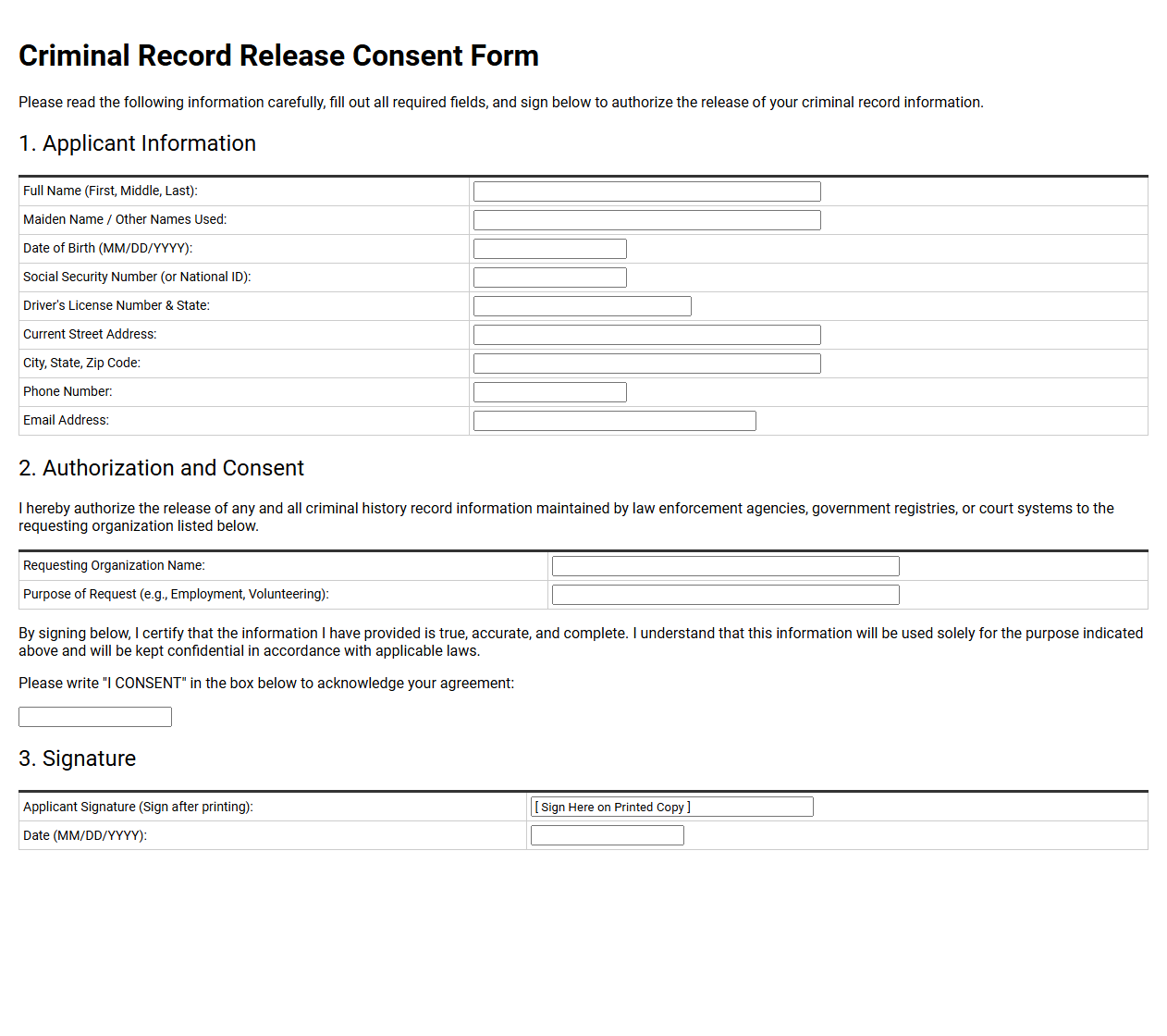 Criminal Record Release Consent Form
